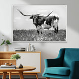 83785-MGV-CV-36X24-Texas Longhorn Wall Art Canvas Print, Framed Horned Bull Art Picture Print, Monochrome Cattle Perfect Rustic Western Decor Artwork