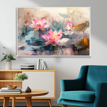 18414-MGV-FC-36X24_White-Pink Lotus Wall Art Canvas Print, Framed Water Lily Art Picture Print, Dreamy Floral Perfect Dreamy Botanical Decor Artwork
