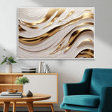 41237-MGV-FC-36X24_White-Gold Waves Wall Art Canvas Print, Framed Elegant Flow Art Picture Print, Luxury Layers Perfect Minimal Luxe Decor Artwork