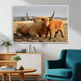 88780-MGV-FC-36X24_White-Highland Cow Wall Art Canvas Print, Framed Cow Calf Art Picture Print, Scottish Cattle Perfect Rustic Farmhouse Decor Artwork