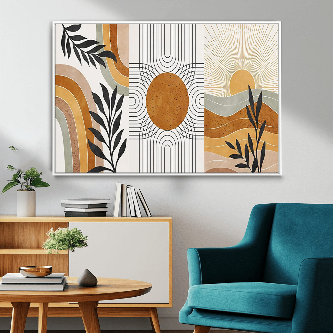 32359-MGV-FC-36X24_White-Modern Sun Wall Art Canvas Print, Framed Retro Horizon Art Picture Print, Sunburst Design Perfect Mid Century Boho Decor Artwork