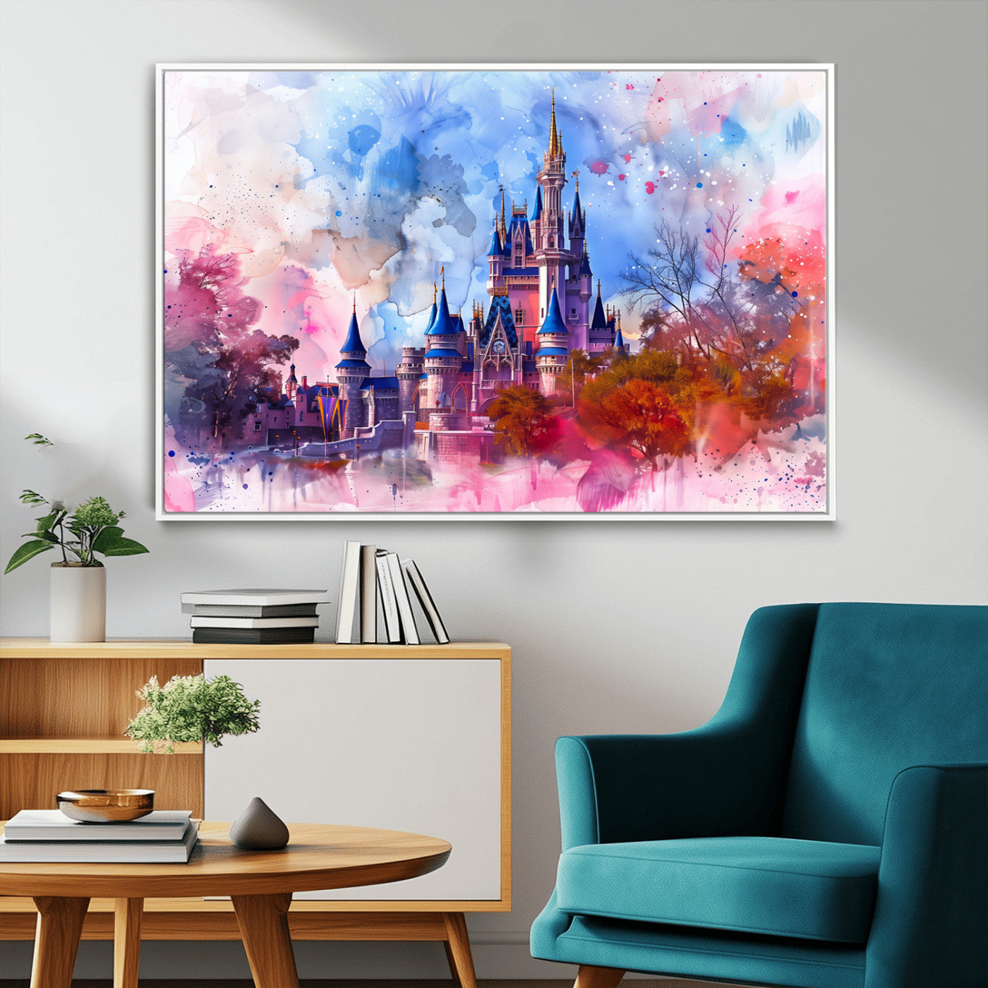 15129-MGV-FC-36X24_White-Disney Castle Wall Art Canvas Print, Framed Cinderella Palace Art Picture Print, Fantasy Kingdom Perfect Whimsical Fairytale Decor