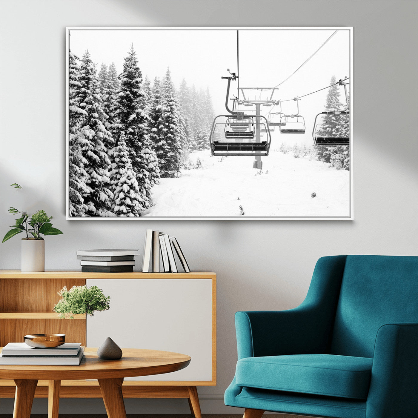 49274-MGV-CV-36X24-Snowy Forest Wall Art Canvas Print, Framed Ski Lift Art Picture Print, Mountain Snow Perfect Minimal Winter Lodge Decor Artwork