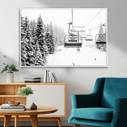 49274-MGV-CV-36X24-Snowy Forest Wall Art Canvas Print, Framed Ski Lift Art Picture Print, Mountain Snow Perfect Minimal Winter Lodge Decor Artwork