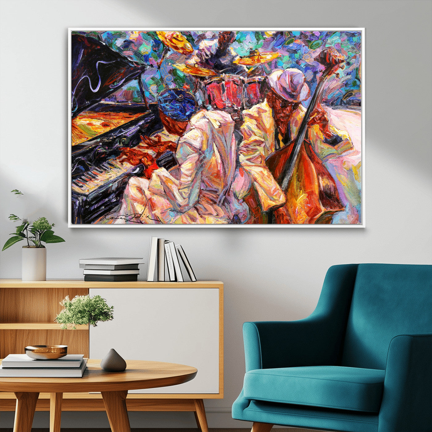 13675-MGV-CV-36X24-Jazz Band Wall Art Canvas Print, Framed Jazz Oil Painting Art Picture Print, Vibrant Music Perfect Abstract Musical Decor Artwork