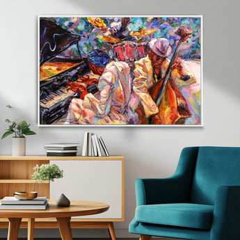13675-MGV-FC-36X24_White-Jazz Band Wall Art Canvas Print, Framed Jazz Oil Painting Art Picture Print, Vibrant Music Perfect Abstract Musical Decor Artwork