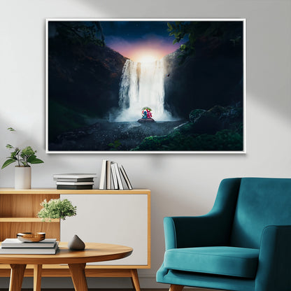 56359-MGV-CV-36X24-Lilo Stitch Wall Art Canvas Print, Framed Stitch Angel Art Picture Print, Cartoon Waterfall Perfect Tropical Fantasy Decor Artwork