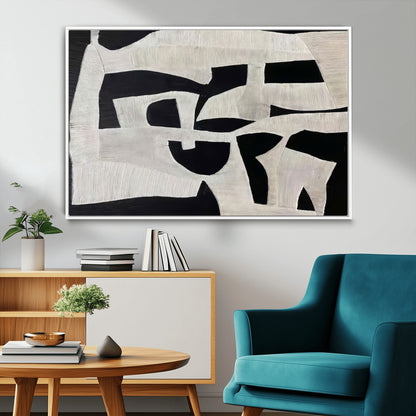 33714-MGV-FC-36X24_White-Monochrome Design Wall Art Canvas Print, Framed Modern Linework Art Picture Print, Textured Shapes Perfect Monochrome Modern Decor