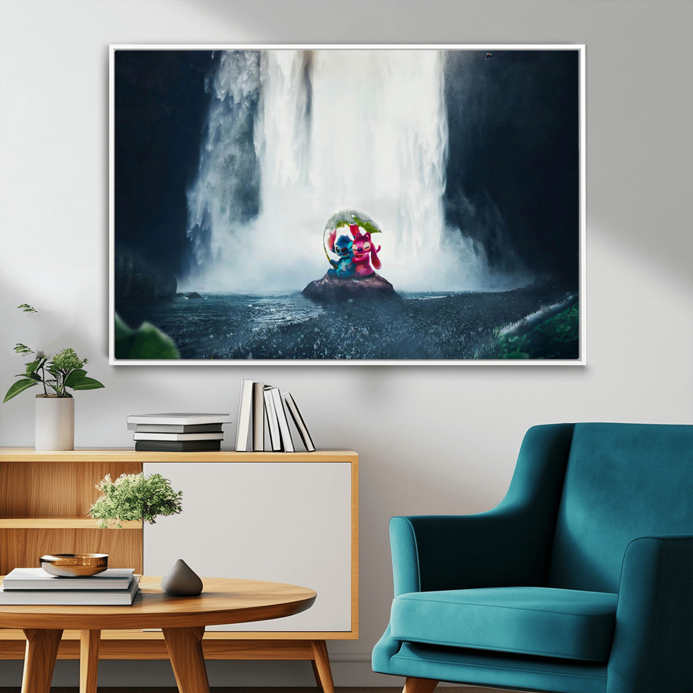32259-MGV-CV-36X24-Stitch Angel Wall Art Canvas Print, Framed Stitch Waterfall Art Picture Print, Cartoon Couple Perfect Moody Fantasy Decor Artwork