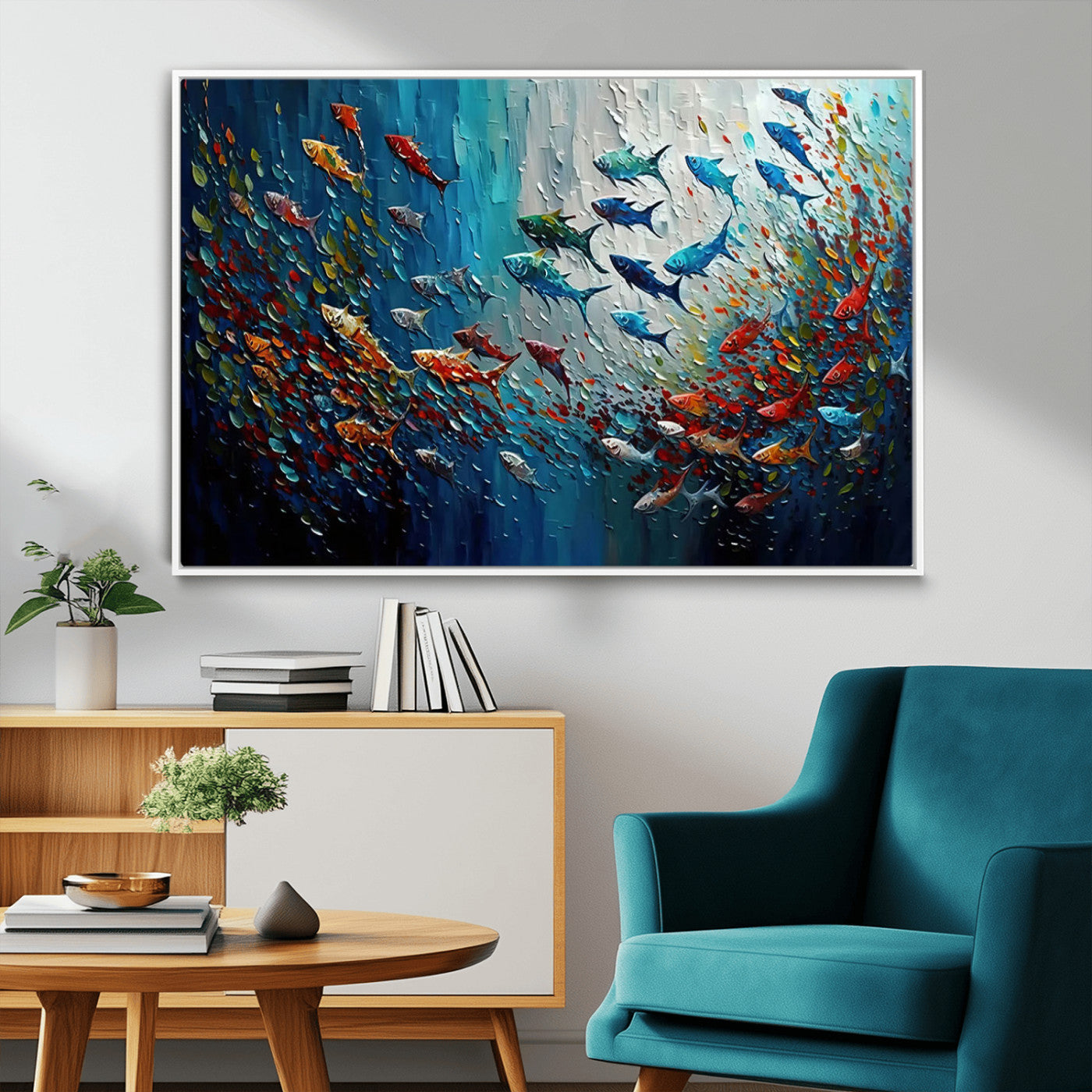 89626-MGV-CV-36X24-Fish Swarm Wall Art Canvas Print, Framed Abstract Ocean Art Picture Print, Underwater Life Perfect Vibrant Coastal Decor Artwork