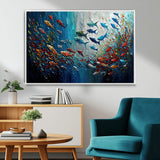89626-MGV-FC-36X24_White-Fish Swarm Wall Art Canvas Print, Framed Abstract Ocean Art Picture Print, Underwater Life Perfect Vibrant Coastal Decor Artwork