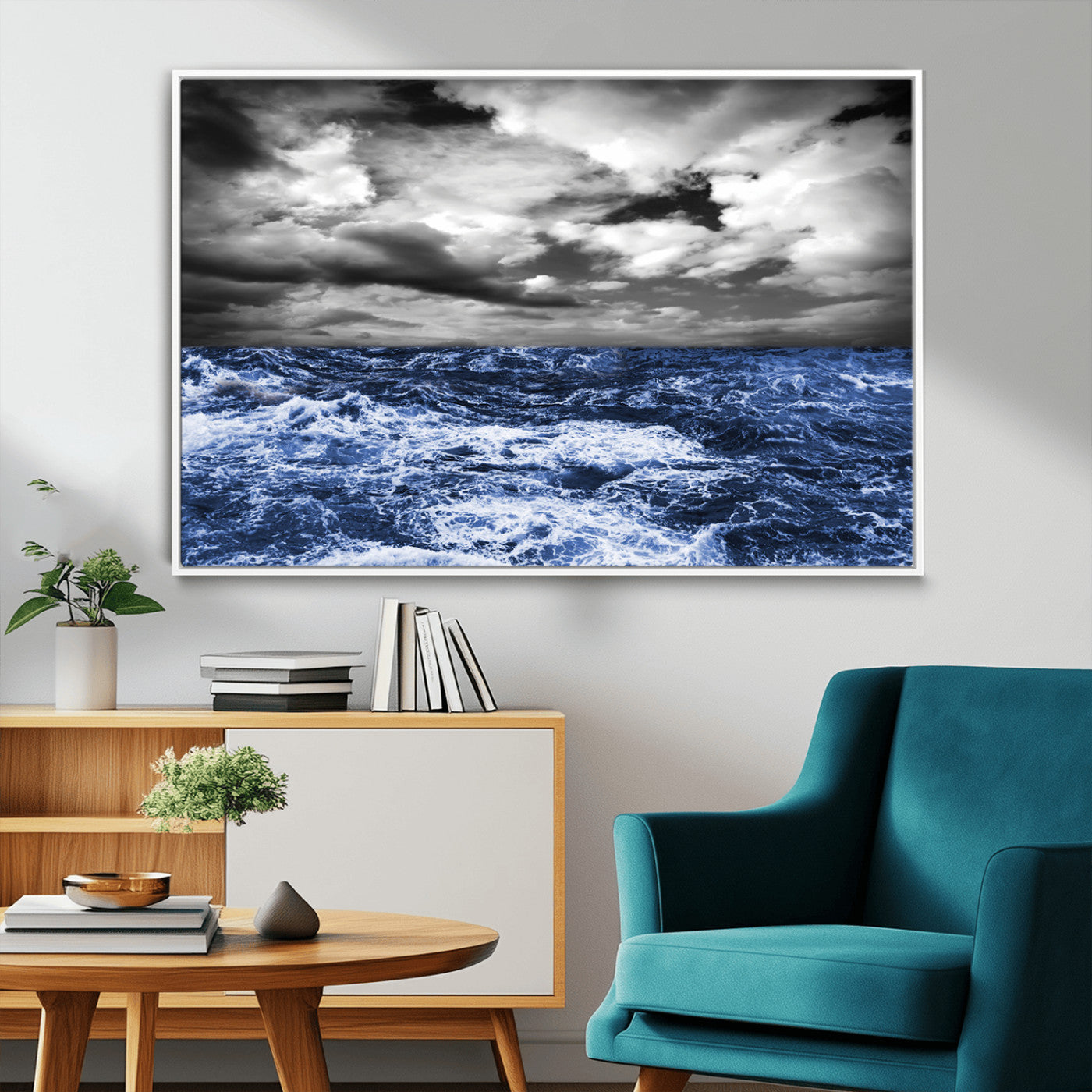 91043-MGV-FC-36X24_White-Stormy Ocean Wall Art Canvas Print, Framed Moody Seascape Art Picture Print, Monochrome Sea Perfect Coastal Drama Decor Artwork