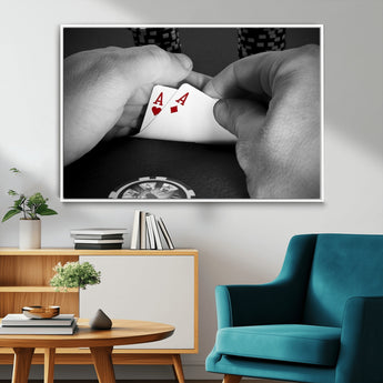 62460-MGV-CV-36X24-Poker Game Wall Art – Close Up of Hands Holding Aces with Chips, Casino Style Decor for Game Room, Man Cave or Office
