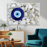 48883-MGV-FC-36X24_White-Evil Eye Wall Art – Deep Blue Symbol of Presence and Calm on White Stones, Subtle Spiritual Decor for Entryway, Studio, Office or