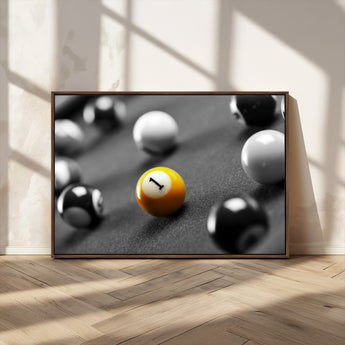 52108-MGV-FC-36X24_Walnut-Precision Pool Table Wall Art – Close Up Yellow 1 Ball Canvas Print, Hand-Played Billiards Game Decor for Office, Game Room, or