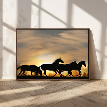 16620-MGV-CV-36X24-Sunset Stallions Wall Art – Silhouetted Horses Running Canvas Print, Nature’s Rhythm, Perfect for Living Room, Office, or Man Cave