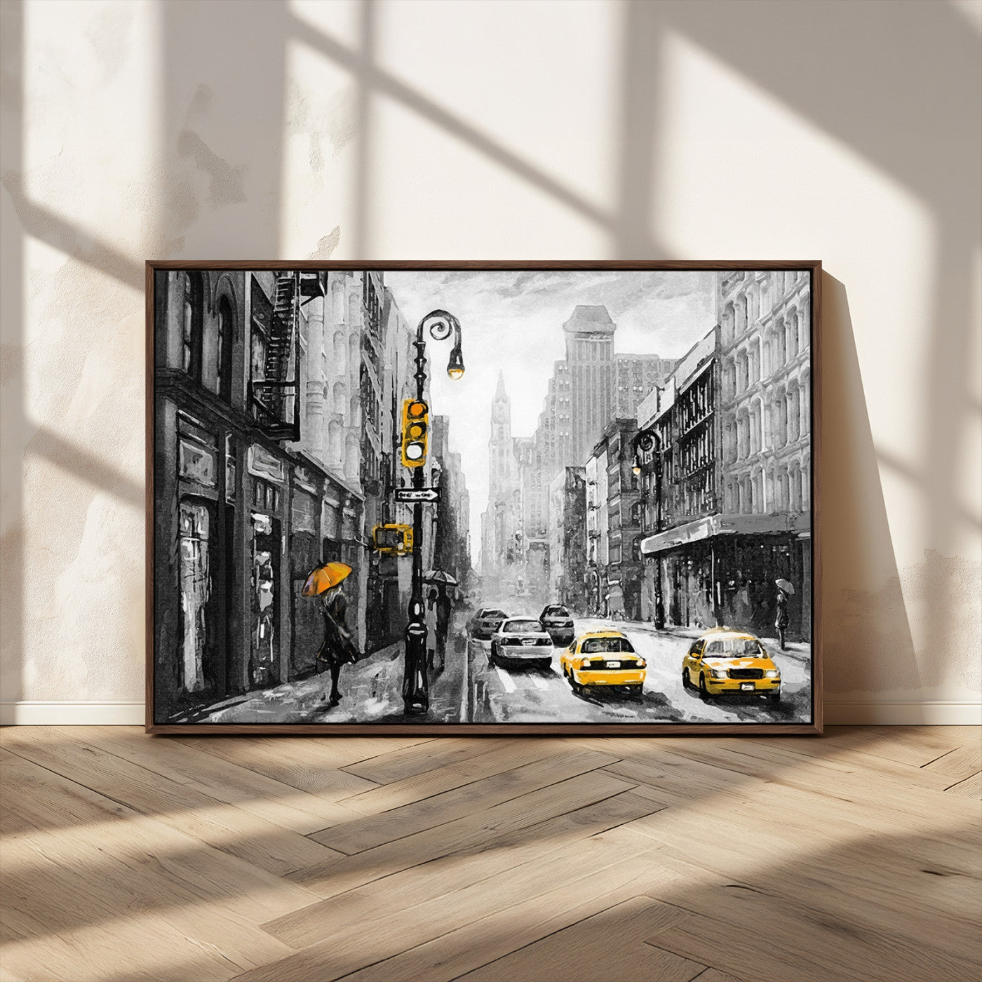 32362-MGV-CV-36X24-NYC Street Wall Art – Black and White Cityscape with Yellow Taxis and Umbrella Canvas Print, Urban Home Decor for Living Room or