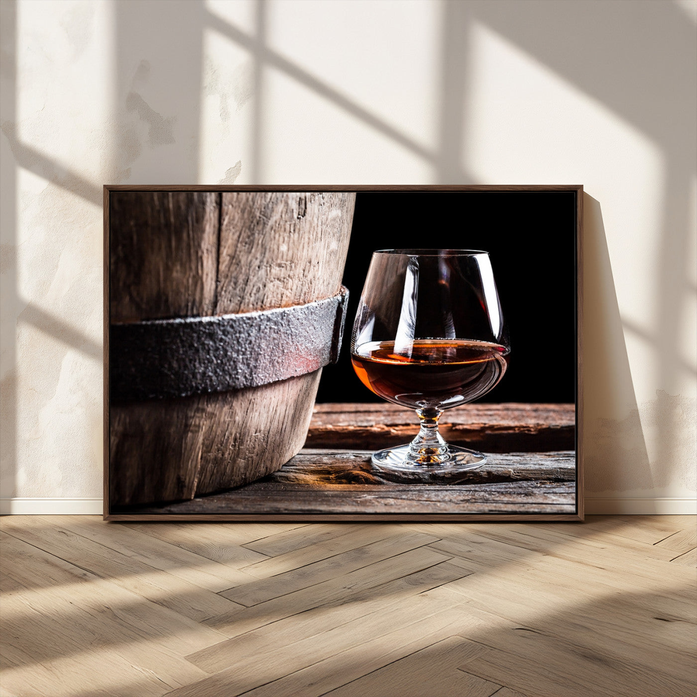 50839-MGV-CV-36X24-Barrel & Brandy Wall Art – Rustic Whiskey Barrel and Brandy Glass Canvas Print, Elegant Home Bar or Lounge Decor for Office, Man