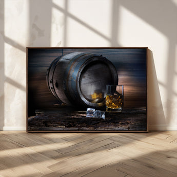 78049-MGV-CV-36X24-Whiskey Barrel Wall Art – Rustic Whiskey Barrel and Glass with Ice Canvas Print, Classic Bar or Lounge Decor for Home, Office, or