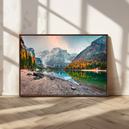 25982-MGV-CV-36X24-Autumn Mountain Lake Wall Art – Panoramic Fall Foliage and Snowy Peaks Canvas Print, Scenic Nature Decor for Living Room or Office
