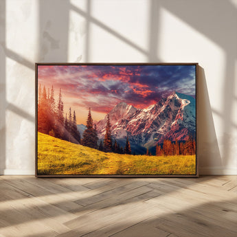 83947-MGV-CV-36X24-Sunset Mountain Landscape Wall Art – Panoramic Alpine Meadow and Snow Capped Peaks Canvas Print, Nature Scenic Decor for Home,