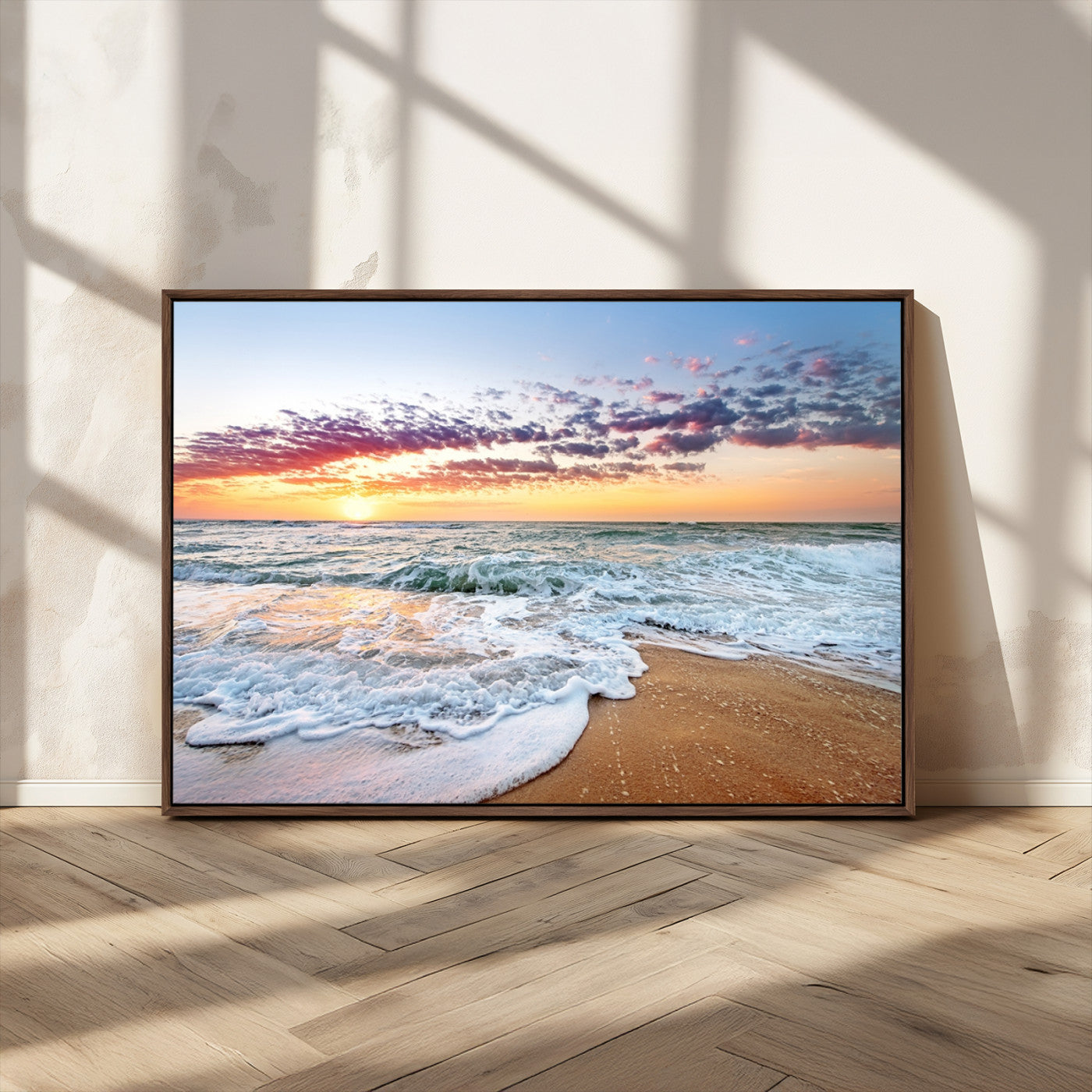 39560-MGV-FC-36X24_Walnut-Sunrise Beach Wall Art – Vibrant Ocean Waves and Golden Sand Canvas Print, Seaside Coastal Decor for Living Room, Bedroom or