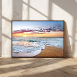 39560-MGV-FC-36X24_Walnut-Sunrise Beach Wall Art – Vibrant Ocean Waves and Golden Sand Canvas Print, Seaside Coastal Decor for Living Room, Bedroom or