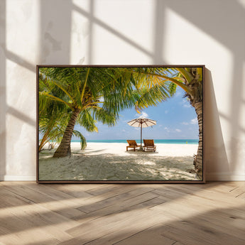 83601-MGV-CV-36X24-Tropical Beach Wall Art – Serene Palm Trees and Lounge Chairs Canvas Print, Relaxing Coastal Decor for Living Room, Bedroom or