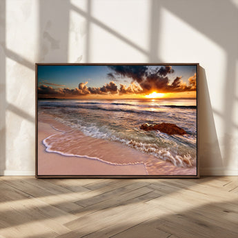 38302-MGV-FC-36X24_Walnut-Sunset Beach Wall Art – Stunning Ocean Waves and Rock Canvas Print, Warm Coastal Decor for Living Room, Bedroom, Office or Beach