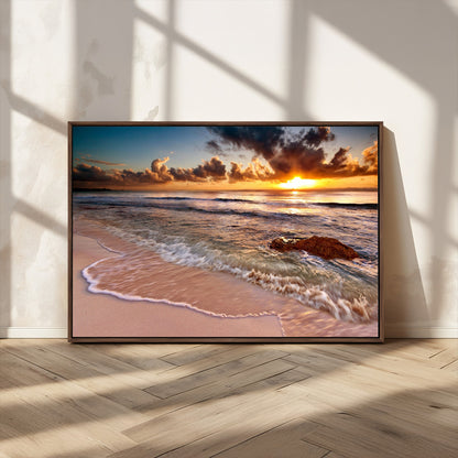 38302-MGV-FC-36X24_Walnut-Sunset Beach Wall Art – Stunning Ocean Waves and Rock Canvas Print, Warm Coastal Decor for Living Room, Bedroom, Office or Beach