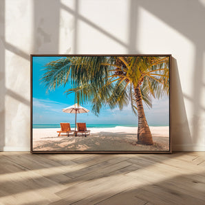 69754-MGV-CV-36X24-Tropical Beach Wall Art – Relaxing Palm Tree and Lounge Chairs Canvas Print, Serene Coastal Decor for Living Room, Bedroom, Office