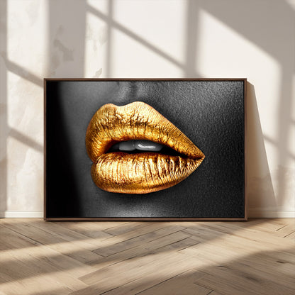 84747-MGV-CV-36X24-Golden Lips Black & White Portrait – Glamorous Metallic Lip Art Print, Modern Wall Decor for Bedroom, Beauty & Fashion Lover Gift
