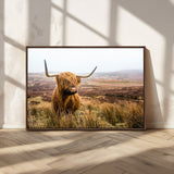 79391-MGV-CV-36X24-Majestic Highland Cow in Misty Scottish Moorland – Rustic Natural Charm, Perfect for Unique Home or Office Decor