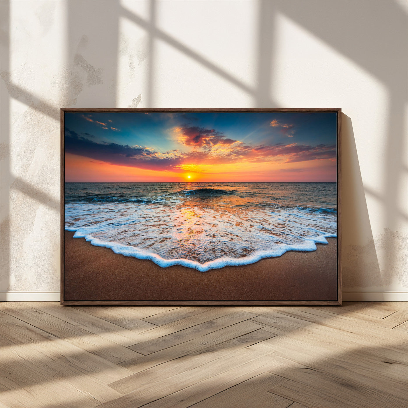 87032-MGV-FC-36X24_Walnut-Ocean Sunset Wall Art – Stunning Beach Canvas Print with Vibrant Sky, Calm Waves, and Golden Horizon, Perfect Coastal Decor for