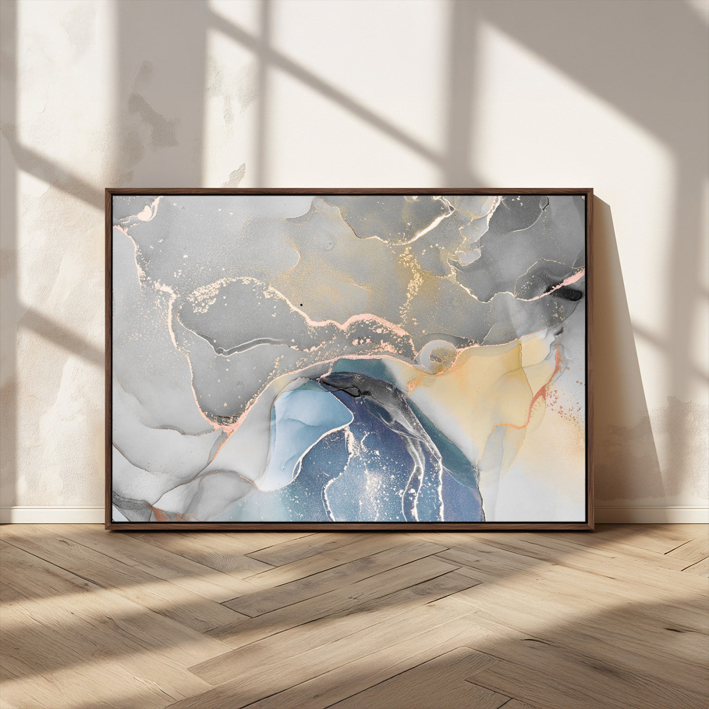 63211-MGV-FC-36X24_Walnut-Abstract Fluid Art Wall Decor – Blue, Gray & Gold Canvas Print, Modern Home and Office Wall Art Decor for Living Room, Bedroom or