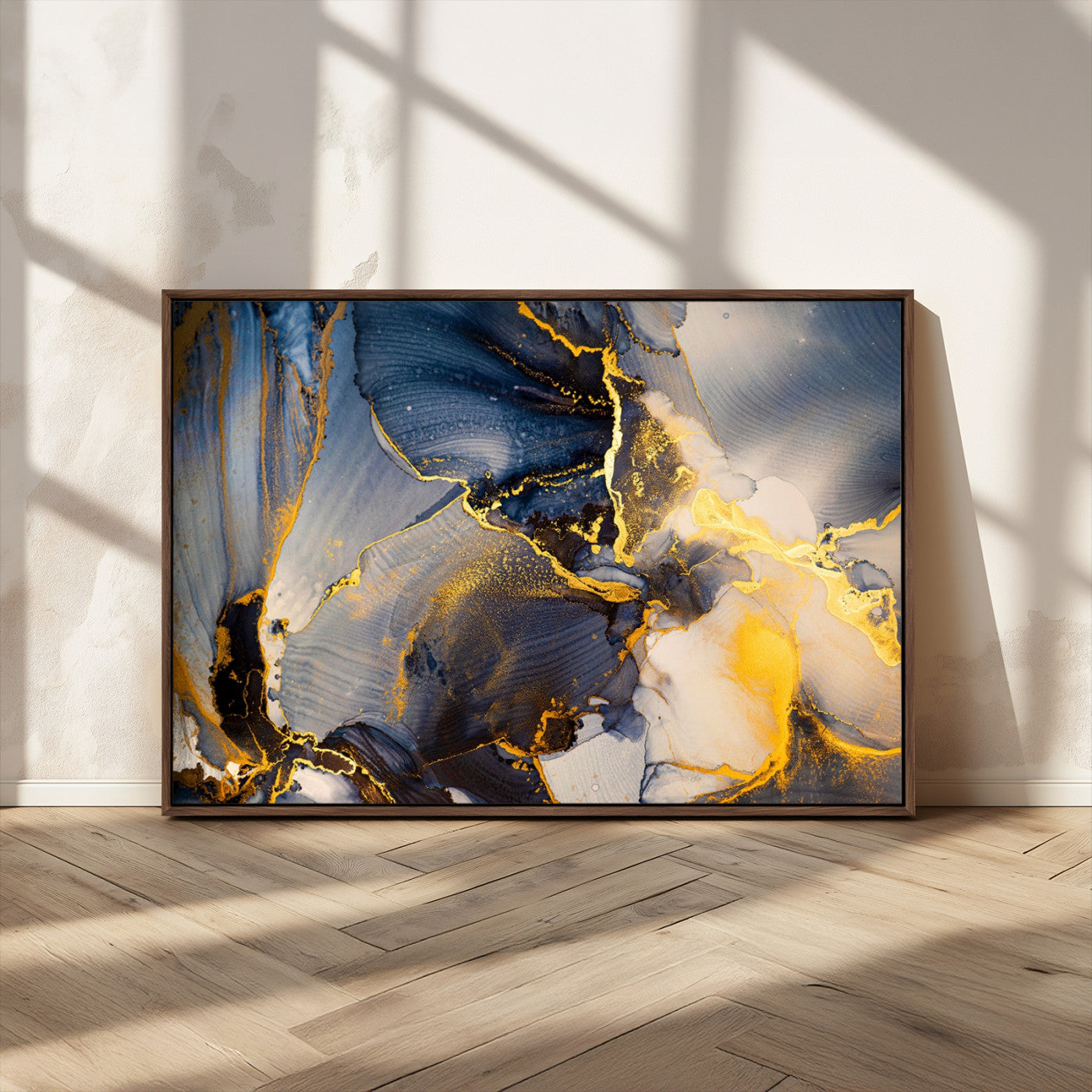 42100-MGV-CV-36X24-Golden Flow Abstract Wall Art – Panoramic Modern Blue and Gold Canvas Print, Contemporary Artistic Decor for Home, Office