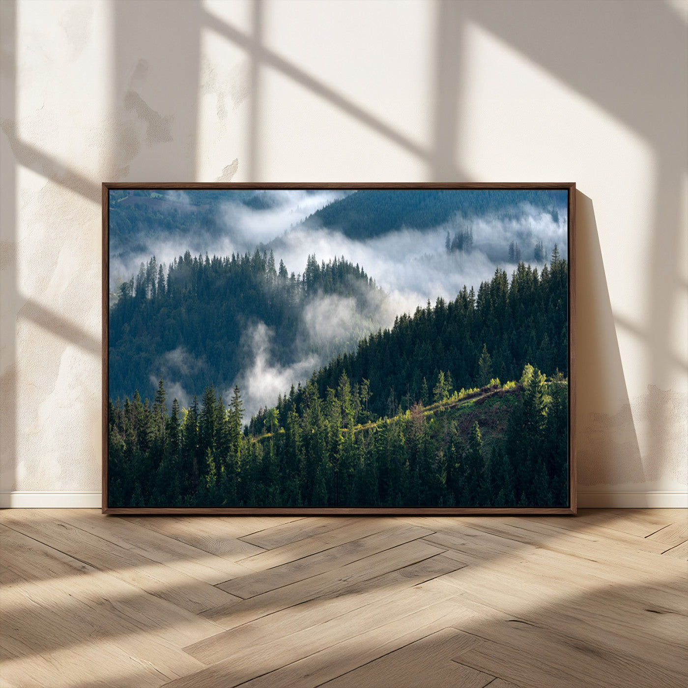 55972-MGV-CV-36X24-Whispering Pines Wall Art – Panoramic Misty Forest Canvas Print, Serene Nature Decor for Home, Office or Cabin Retreat
