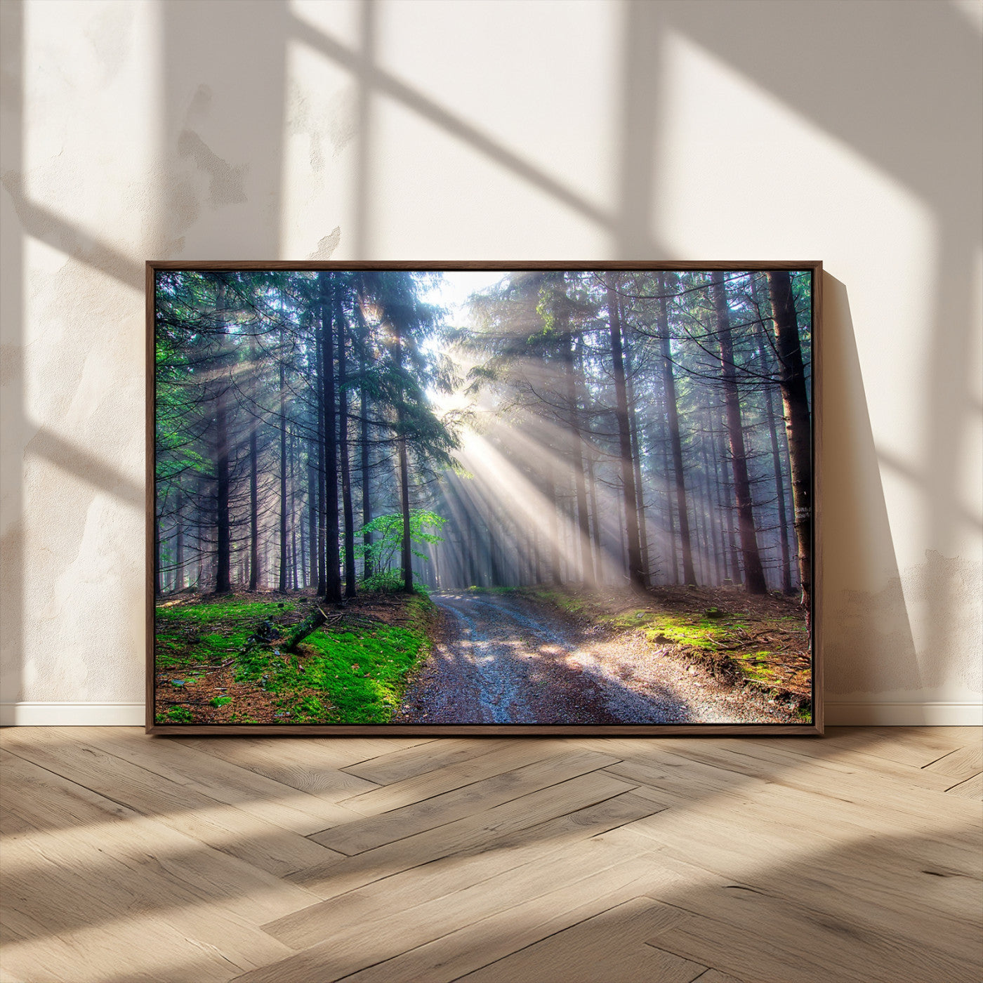 42047-MGV-CV-36X24-Sunlit Forest Path Wall Art – Nature Canvas Print, Serene Woodland Landscape, Perfect Home & Office Decor for Calm and Tranquil