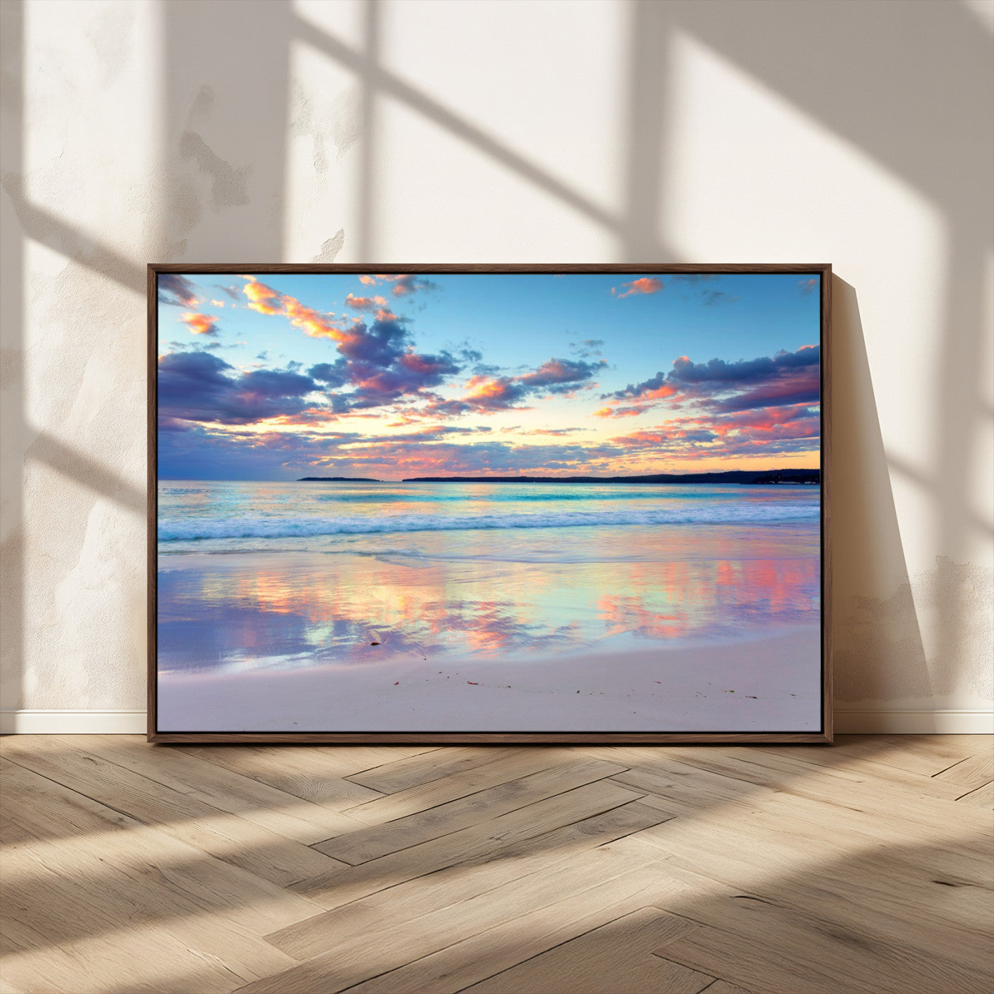 64882-MGV-CV-36X24-Tranquil Sunset Beach Wall Art – Panoramic Ocean Reflection Canvas Print, Calm Coastal Decor for Bedroom, Living Room or Office