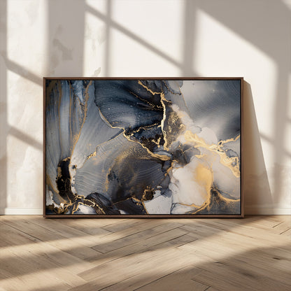 24068-MGV-CV-36X24-Luxury Abstract Wall Art – Gold & Gray Fluid Ink Painting Canvas, Modern Metallic Home Decor, Elegant Office or Living Room Accent