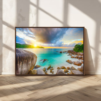 23769-MGV-CV-36X24-Tropical Beach Sunset Wall Art – Ocean Waves and Rocky Shore Canvas Print, Coastal Seascape Photography Decor