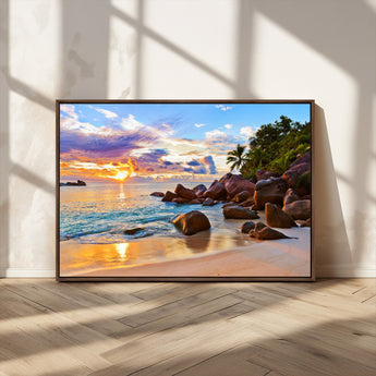 43209-MGV-CV-36X24-Tropical Beach Sunset Wall Art – Golden Ocean Waves and Palm Trees with Rocky Shore Canvas Print, Coastal Seascape Decor for