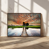 29105-MGV-CV-36X24-Rustic Wooden Bridge Wall Art – Scenic Sunset Over Rice Fields and Reflective Water Canvas Print, Nature Landscape Decor for