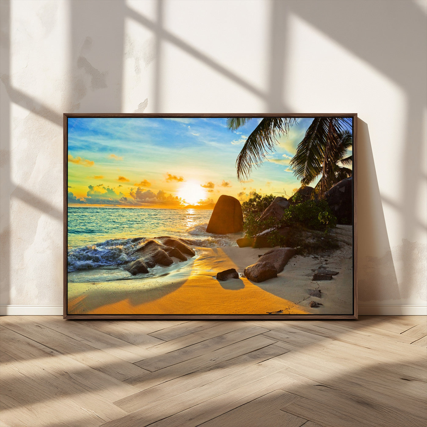 26181-MGV-CV-36X24-Golden Tropical Sunset Beach Wall Art – Ocean Canvas Print with Palm Trees and Rocks, Coastal Paradise Decor for Living Room or
