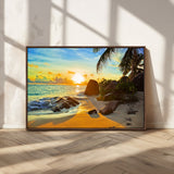 26181-MGV-CV-36X24-Golden Tropical Sunset Beach Wall Art – Ocean Canvas Print with Palm Trees and Rocks, Coastal Paradise Decor for Living Room or
