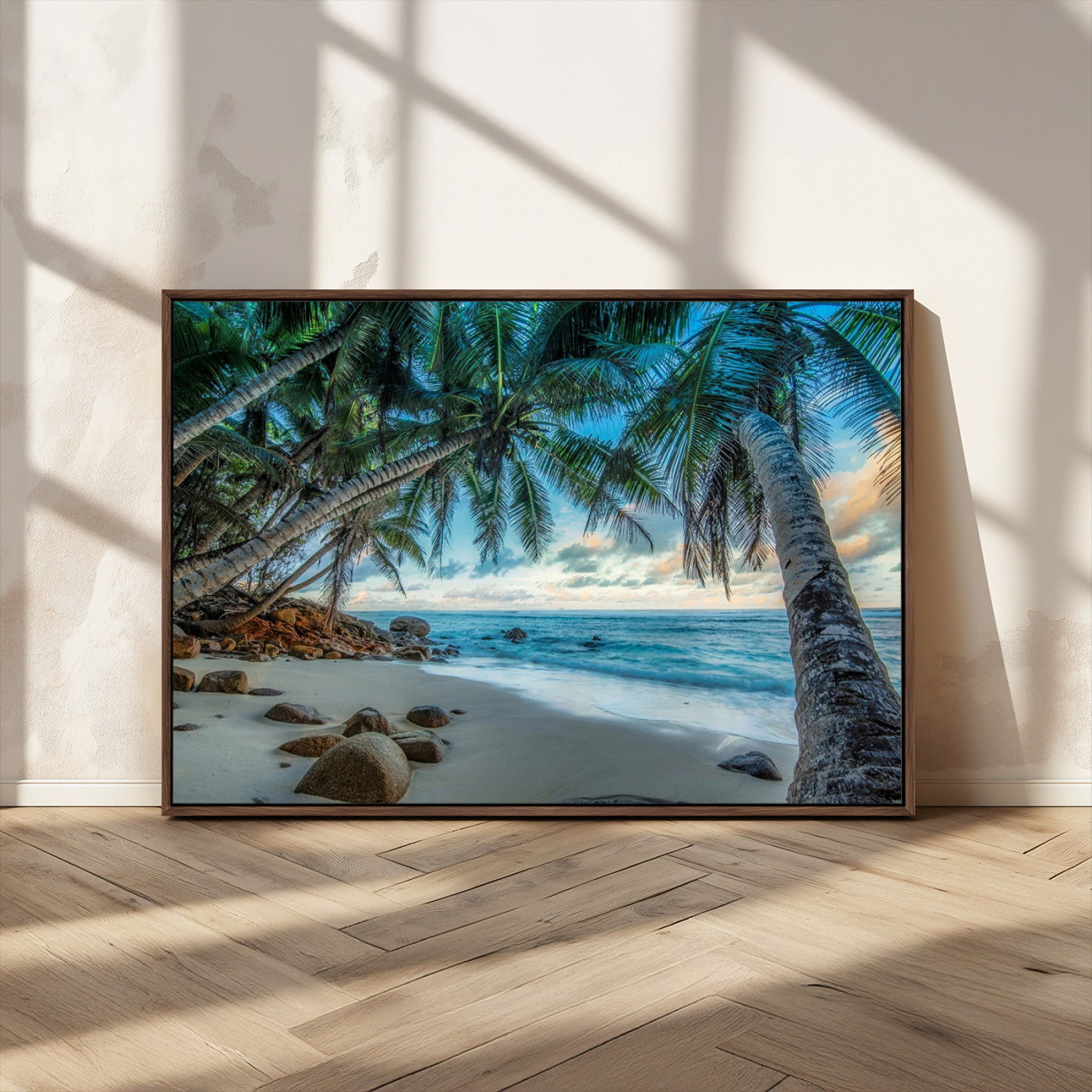 39679-MGV-CV-36X24-Tropical Palm Beach Wall Art – Serene Ocean Canvas Print with Palm Trees and Rocks, Coastal Paradise Decor for Living Room or