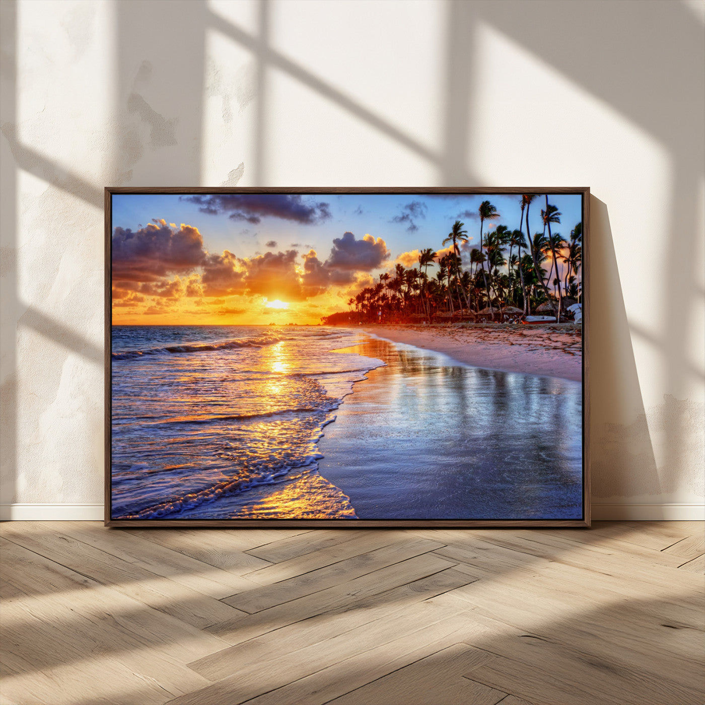 19917-MGV-CV-36X24-Tropical Sunset Beach Wall Art – Panoramic Palm Trees and Ocean Canvas Print, Vibrant Coastal Decor for Living Room, Office or Man