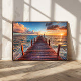 28836-MGV-CV-36X24-Ocean Pier Sunset Wall Art – Wooden Dock and Golden Horizon Canvas Print, Coastal Seascape Photography for Living Room, Bedroom,