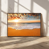 15399-MGV-CV-36X24-Golden Sunrise Beach Wall Art – Ocean Waves on Sandy Shore Canvas Print, Coastal Seascape Decor for Living Room or Bedroom