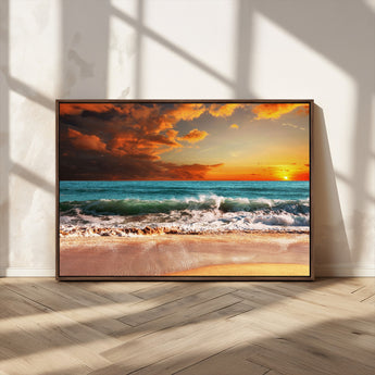 72948-MGV-CV-36X24-Ocean Sunset Wave Wall Art – Dramatic Seascape Canvas Print with Golden Sky and Crashing Waves, Coastal Beach Decor for Living